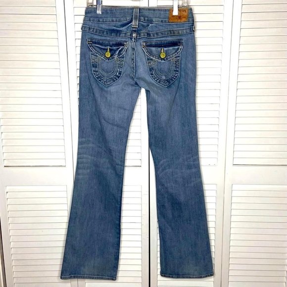 Vintage True Religion Becky Bootcut Medium Blue Stretch Jeans Leather Tab 28 - Picture 1 of 13